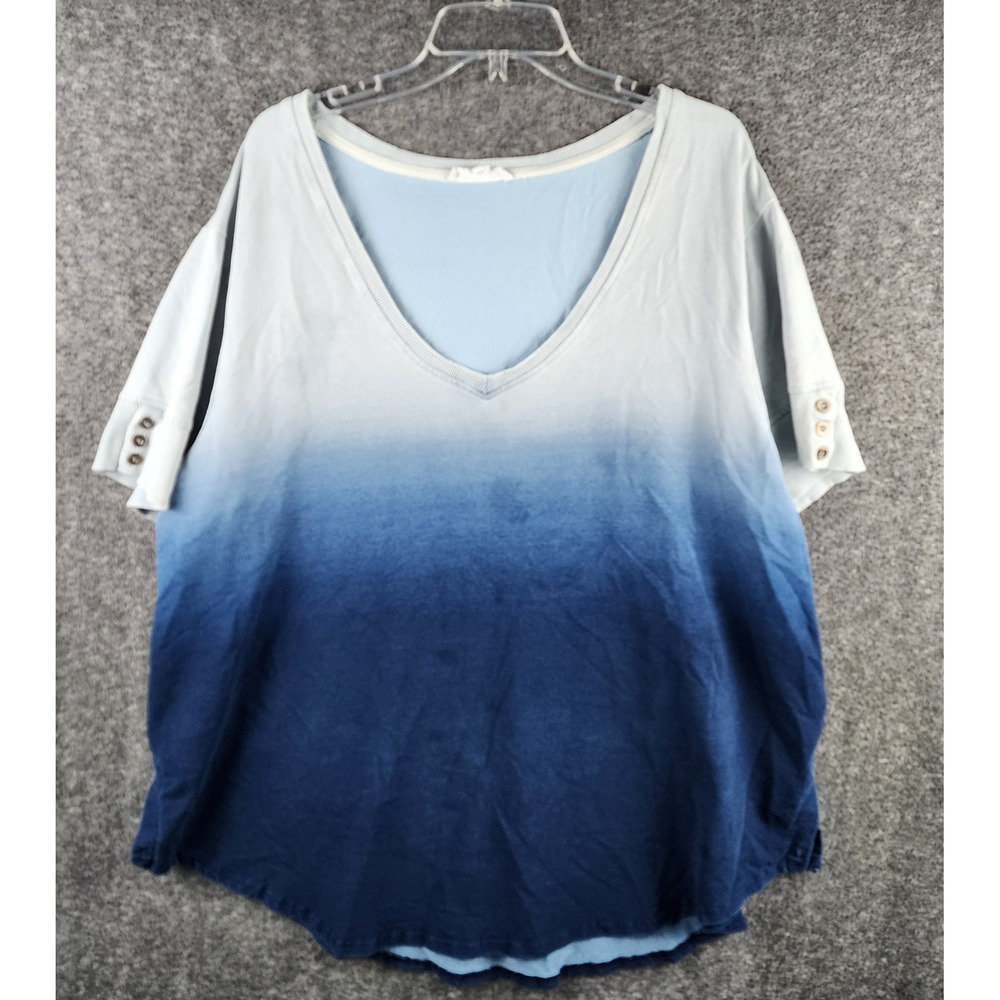 Jane + Delancey Top Womens 2X Blue Ombre Dip Dye Short Sleeve Button Cuff EUC